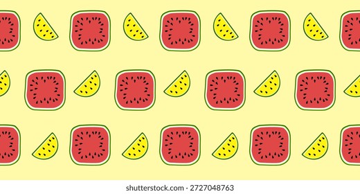 Padrão de vetor sem emenda de melancia suculenta para ilustrações de doces sobremesas de verão, apresentando ícones de melancia e melão fresco em um design de desenho animado apetitoso. Fundo de comida, padrão de tecido de verão.