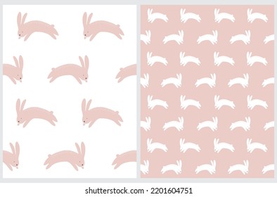 Seamless Vector Pattern with Jumping Bunnies. Cute Rabbits Isolated on a White and Pastel Pink Background. Easter Repeatable Print. Woodland Party Art ideal for Fabric, Textile. Winter Bunny.