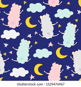Seamless vector pattern with jumping sheeps in the sky. Good night illustration for baby textile design and other
