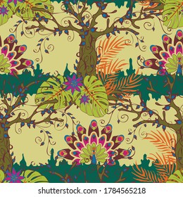 Seamless vector pattern with jungle plants and peacocks on light yellow background. Rain forest wallpaper design with birds. Tropical fashion textile.