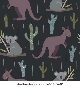 Seamless vector pattern with a kangaroo and koala on a dark background. Cute animals, illustration for the children.