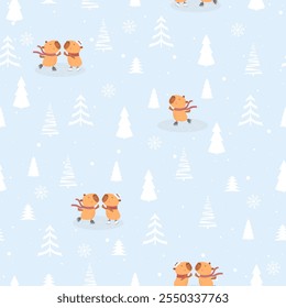 Seamless vector pattern with kapibaras, Christmas tree and snow. Hand drawn winter forest landscape.