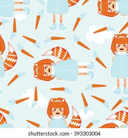 Seamless vector pattern. Kawaii anime fox girl. Bright orange, blue, white colors. Funny, sly smiling face expression. Flat cartoon style. Sweet childish, festive design. Sky, cloud, carrot background