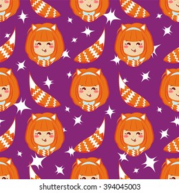 Seamless vector pattern. Kawaii anime fox girl. Bright orange, blue, white colors. Funny, sly smiling face expression. Flat cartoon style. Sweet pattern for childish, festive design