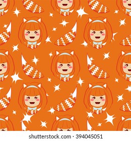 Seamless vector pattern. Kawaii anime fox girl. Bright orange, blue, white colors. Funny, sly smiling face expression. Flat cartoon style. Sweet pattern for childish, festive design