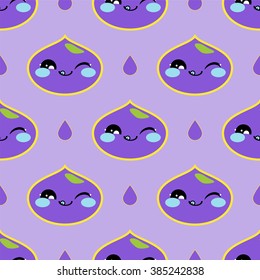Seamless vector pattern. Kawaii blueberry, raindrop, with smiling face. Cute, kids background, bright colors