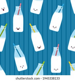 Nahtlose Vektormuster kawaii Flaschen Milch. Funny Emoji.
