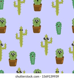 Seamless vector pattern with kawaii cacti. Cute cacti on a blue background.