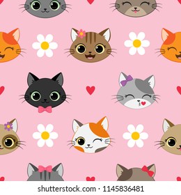 Seamless vector pattern with kawaii cartoon cats