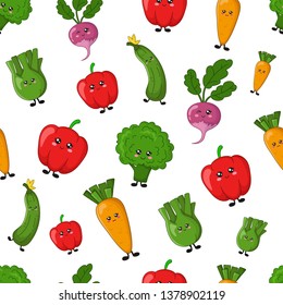 Seamless vector pattern, kawaii cartoon food, vegetables - cucumber, pepper, broccoli, celery, carrots, radishes on white background. Cute characterы. Illustration for textile, wrapper. Flat style