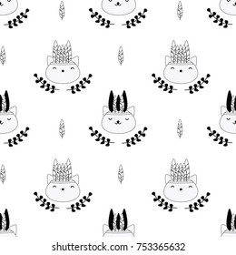 Seamless vector pattern with kawaii cats in native american style with beautiful feather crown in black and white colors.