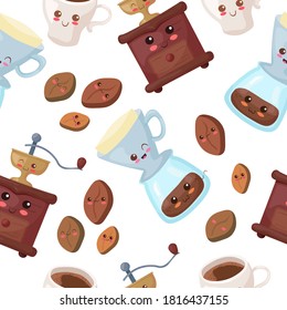 Seamless vector pattern with kawaii coffee beans, cup, machine & filter. Cute food characters illustration food wrapping paper, postcard, textile, background, confectionery, bakery, cafe decoration.