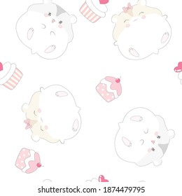 Seamless vector pattern. Kawaii cute hamster with cute cupcake. Flat cartoon style