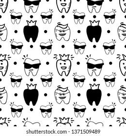 Seamless vector pattern - kawaii dentist, set of hand drawn objects. Cute sketch with doctor, teeth, toothbrush, smile and dental tools.