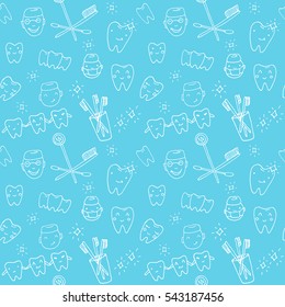 Seamless Vector Pattern - Kawaii Dentist, Set Of Hand Drawn Objects. Cute Sketch With Doctor, Teeth, Toothbrush, Smile And Dental Tools