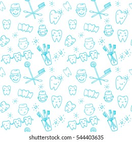 Seamless vector pattern - kawaii dentist, set of hand drawn objects. Cute sketch with doctor, teeth, toothbrush, smile and dental tools