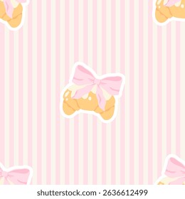 Seamless vector pattern with kawaii flirty croissants with bows and pink vertical stripes. Perfect for baby clothing, girly stationery, cute gift wrap, and pastel nursery textiles