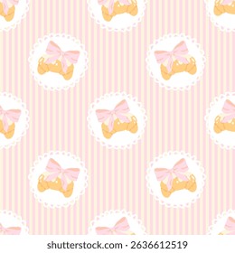 Seamless vector pattern with kawaii flirty croissants with bows and pink vertical stripes. Perfect for baby clothing, girly stationery, cute gift wrap, and pastel nursery textiles