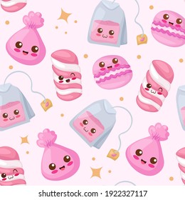 Seamless vector pattern with kawaii food. Cartoon hand drawn tea package, macaron, candy and marshmallow on light pink background. Doodle cute characters illustration for print, card, children menu.