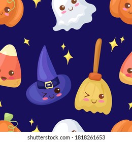 Seamless vector pattern with kawaii Halloween Characters. Cute characters illustration for wrapping paper, postcard, background, party, bakery decoration. Witch Hat, Broom, Corn Candy, Ghost, Pumpkin.