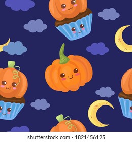 Seamless vector pattern with Kawaii Halloween Pumpkin & Cupcake Characters. Cute decorative background texture. Funny All Saints Day wallpaper in cute cartoon style. Wrapping paper, fabric print.