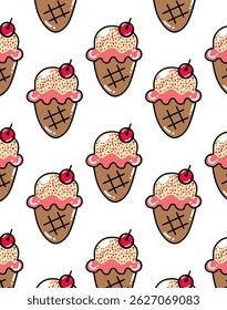 Seamless vector pattern of kawaii ice cream cones with sprinkles and cherries. Ideal for textiles, dessert packaging, wrapping paper, and sweet summer-themed designs.