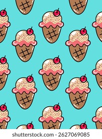 Seamless vector pattern of kawaii ice cream cones with sprinkles and cherries. Ideal for textiles, dessert packaging, wrapping paper, and sweet summer-themed designs.