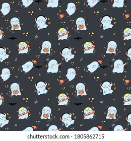 Seamless vector pattern. Kawaii little ghosts are having fun on Halloween. Flying on a broomstick, playing with a yo-yo, catching a bat with a butterfly net, dancing, collecting sweets.