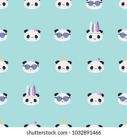 Seamless vector pattern with kawaii panda bear heads arranged on mint green background. Perfect for baby shower invitations, greeting cards, wrapping paper, etc.