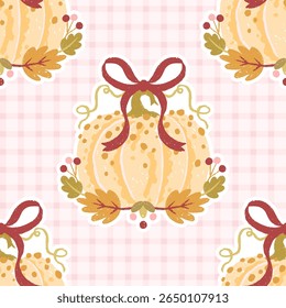 Seamless vector pattern with kawaii pumpkin, ribbon bow, and autumn leaves on soft pink gingham. Cozy flirty Preppy fall design in pastel cotton palette for textiles and prints