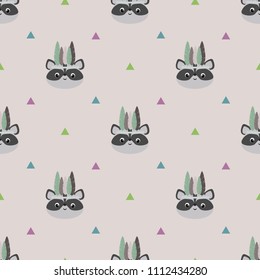 Seamless vector pattern with kawaii raccoons with a feather crown