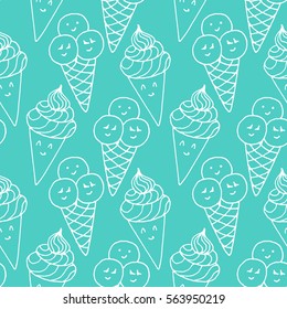 Seamless vector pattern - Kawaii sweet ice cream couple. Vector hand drawn illustration with Japanese style sketches. Minimalistic childish drawing in candy colors