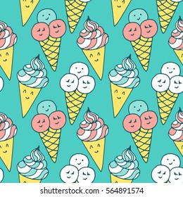 Seamless vector pattern - Kawaii sweet ice cream couple. Vector hand drawn illustration with Japanese style sketches. Minimalistic childish drawing in candy colors