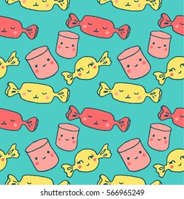 Seamless vector pattern - Kawaii sweet candies, lollipops. Vector hand drawn illustration with Japanese style sketches. Minimalistic childish drawing in candy colors