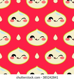 Seamless vector pattern. Kawaii water drop, raindrop, morning dew with smiling face. Cute, kids background, bright colors