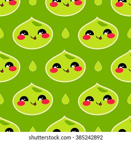 Seamless vector pattern. Kawaii water drop, raindrop, morning dew with smiling face. Cute, kids background, bright colors