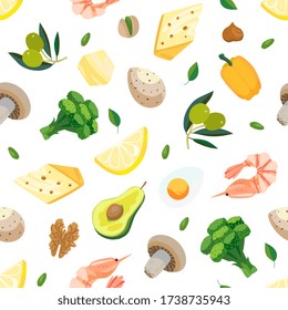 Seamless vector pattern of keto diet with low-crab products - lemon, olives, egg, cheese, pepper, mushroom, butter. Light vegetarian set of healthy food with full objects 