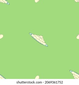 A seamless vector pattern of khinkali on the plates isolated on green background. Designed in different colors for web concepts, wraps, templates, prints, backgrounds