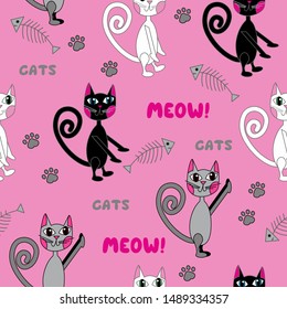 Seamless vector pattern. Kids background. Cute cats. Funny cats, gray cat, black cat, white cat. Cats on a pink background for clothes and for gift paper.