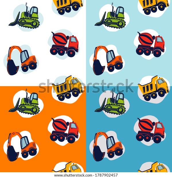 Seamless vector\
pattern with kids construction cars. Dump truck, concrete mixer\
car, bulldozer, excavator on four different background colors. Cute\
hand drawn\
illustration.