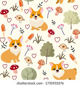 Seamless vector pattern for kids. Corgi dogs,birds,tree,flower, Funny cartoon illustration.