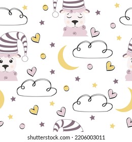 Seamless vector pattern for kids with cute sheep, in the starry sky. Textile design. Sleep concept. Ornament for wallpapers, backgrounds and prints