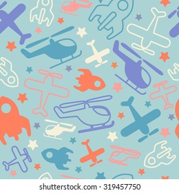 Seamless vector pattern for kids in light colors. Cartoon transport.