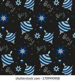 Seamless vector pattern for kids with  stars, whirligigs and pencils on the black background.  Texture for wrapping, wallpaper, fabric. 