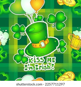 Seamless vector pattern -  "Kiss me I'm Irish!", tartan, St Patrick's Day. Green. Irish flag.