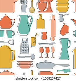 Seamless vector pattern. Kitchen background. Cooking utensils and kitchen tools. Seamless kitchen vector background with icons.