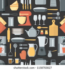 Seamless vector pattern. Kitchen background. Cooking utensils and kitchen tools. Seamless kitchen vector background with icons.