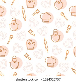 Seamless vector pattern of kitchen elements, chef's or Baker's clothing. Contour flat icons, baking background.