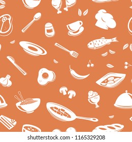 Seamless vector pattern with kitchen tools and restaurant food. Cartoon cafe background
