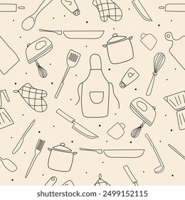 Seamless vector pattern with kitchen tools. Background with silhouettes of dishes. Pan, spoon, spatula, kettle, cup, cutting board